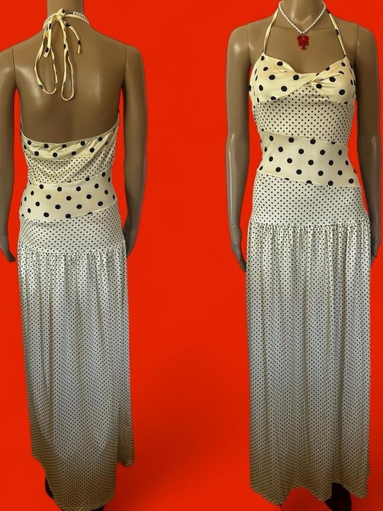 Dresses & Skirts - Polka Dot Halter Maxi Dress - Cream with Black Dots